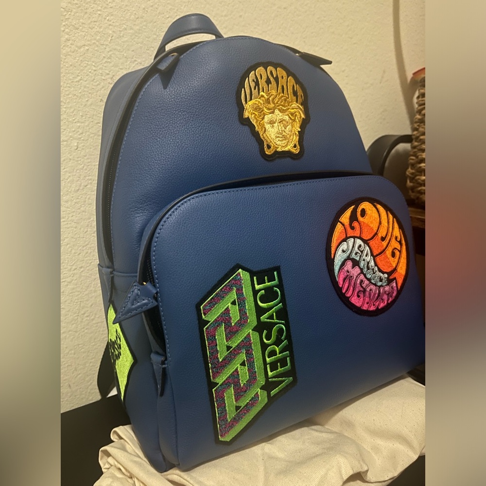 Versace Medusa Blue Patch Backpack; Embellished Leather